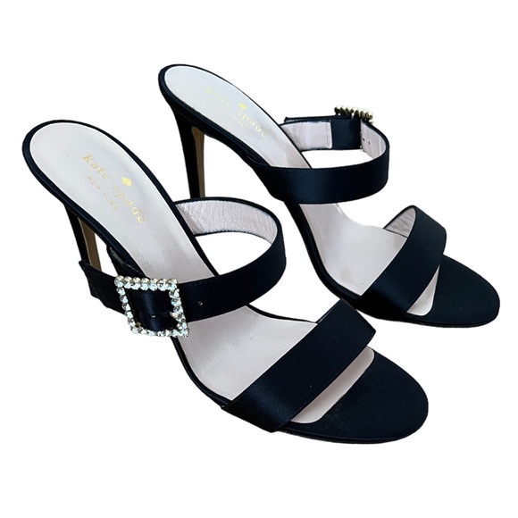 Kate Spade Vero Cuoio Black Satin Rhinestone Buckle Slide Sandals Stiletto Heel - Picture 2 of 7